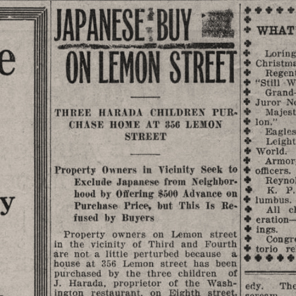 December 23, 1915 Riverside Daily Press headline “Japanese Buy on Lemon Street.”