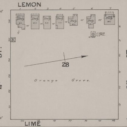 1887 Sanborn Fire Insurance Map showing the location of cottages on Lemon and Lime streets, with orange groves indicated behind.