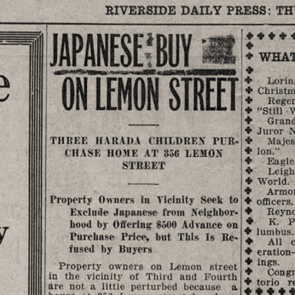 December 23, 1915 Riverside Daily Press headline “Japanese Buy on Lemon Street.”